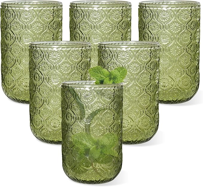 Green Vintage Drinking Glasses Set of 6, 14 oz hobnail drinking glasses Glassware Embossed Green Water Tumbler for Beer, Juice, Cocktail, Whiskey, Milk