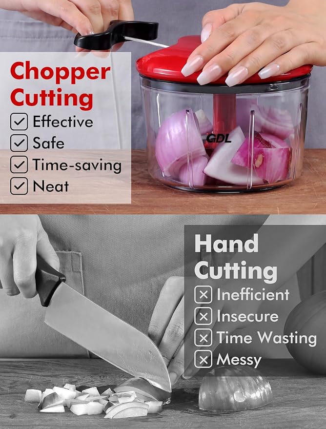 GDL Food Chopper, Vegetable Chopper, Pull String Onion Chopper Dicer, 800ML | Manual Chopper Dicer for Oinon, Garlic, Nut, 420 Stainless Steel Blade, Dishwasher Safe, Fast Cutting, Anti-Slip Base, No BPA