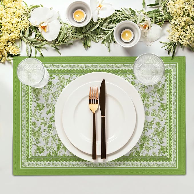 Green Floral Placemats Set of 4 Chinoiserie Boho Flowers Linen Fabric Rectangle Table Mat 12x18 Inch Washable Heat Resistant Outdoor Seasonal for Kitchen and Dining Table Decor