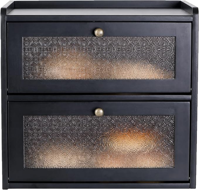 Sunhoo Bread Box for Kitchen Countertop, Large Pine Wood Breadbox, Black | Farmhouse Pantry Container, Double Layer Storage, Fresh Homemade Sourdough Bin, Vintage Textured Acrylic Door, Easy Assembly