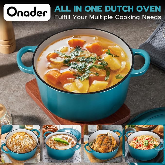 Onader 5QT Dutch Oven for Bread Baking, Enameled Cast Iron Round Dutch Oven Pot with Lid, Heavy Duty - Dark Cyan