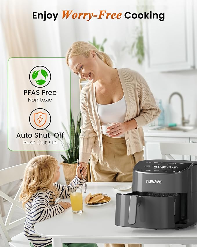 Nuwave Brio Plus Air Fryer 8 Qt, New & Improved, PFAS-Free Ceramic Coating | 7 Digital One-Touch Modes: Air Fry/Bake/Roast/Dehydrate/Toast/Reheat/Preheat; 150 Presets; 50–400°F; 700/1500/1800W;Cool Gray