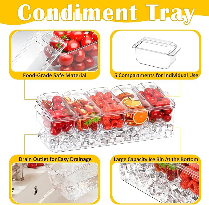 ARSTPEOE Condiment Tray, Chilled Condiment Server, Bar Accessories on Ice | Condiment Caddy for Home, Party and Celebration, Bar Accessories with Removable Trays and Lids (5 Spoons & 2 Tongs)
