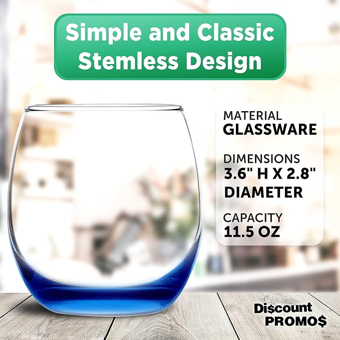 DISCOUNT PROMOS Mikonos Stemless Wine Glasses 11.5 oz. Set of 10, Bulk Pack - Restaurant Glassware, Perfect for Red Wine, White Wine, Cocktails - Blue Bottom Color