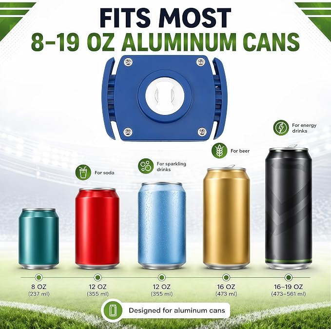 Aluminum Can Opener with Soft-Edge Lid Remover – Handheld Safety Manual Can Opener for 8-19 oz Beer & Soda Cans, Smooth Rim, No Sharp Edge, Blue – Household Bar Tool