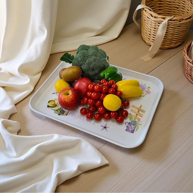 Large Floral Melamine Serving Trays 2 Pack Rectangle Food Platter | Stackable, Reusable, Raised Edge, Rectangular, Easy Clean,For Gift, Party, Decor, Home, Restaurant Use,Household Dining