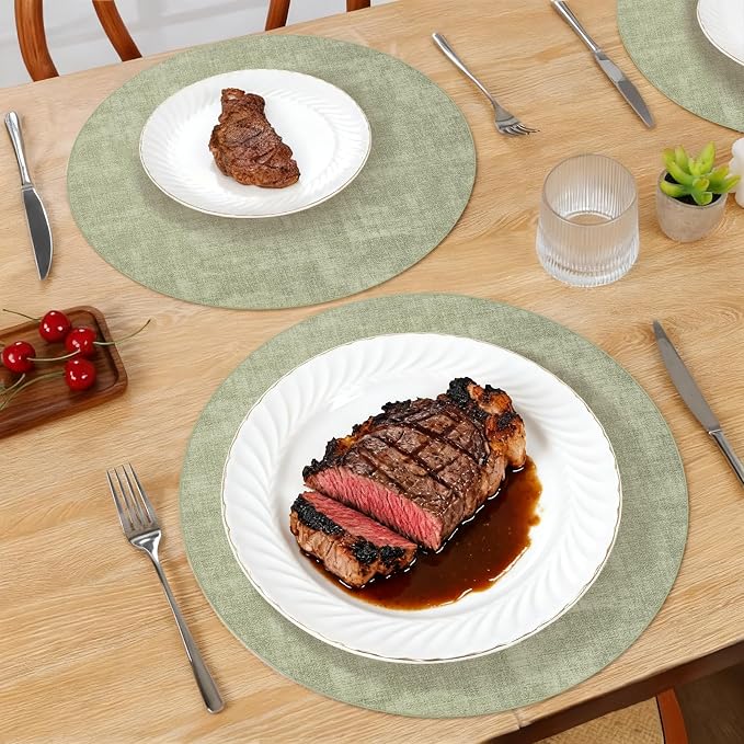 Maxpearl Faux Leather Round Placemats Set of 6, 13.8 inch, Light Green | Waterproof, Heat Resistant, Non Slip, Wipe Clean Dining Table Place Mats, Suitable for Indoor & Outdoor Use, Table Settings