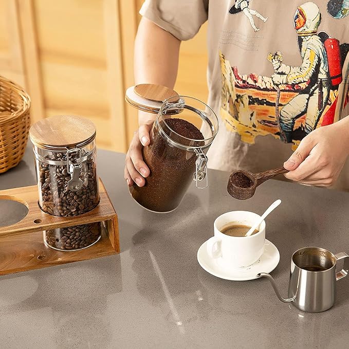 Coffee Canister with Shelf: 2P 45OZ Glass Airtight Coffee Holder | Large Capacity Coffee Container w/Acacia Scoop - Kitchen Food Storage Jar for Ground Coffee/Tea/Sugar/Cereal/Nuts/Coffee Bar
