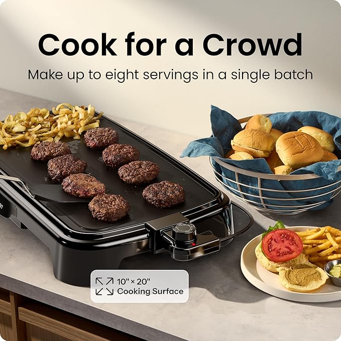 Chefman XL Electric Griddle with Removable Temperature Control, Immersible Flat Top Grill, Burger, Eggs, Pancake Griddle, Nonstick Extra Large Cooking Surface, Slide Out Drip Tray, 10 x 20 Inch