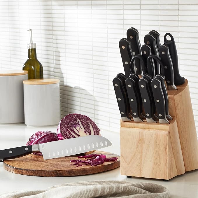 Amazon Basics 18-Piece Premium High-Carbon Stainless Steel Kitchen Knife Set with Built-in Sharpener, Ergonomic Handles, Pine Wood Block, Black