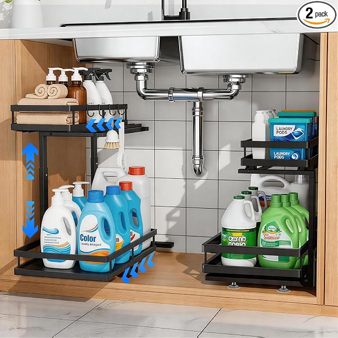 2-Tier Metal L-Shaped Pull-Out Under Sink Organizer, Black, 2 Pack | 2 complete sets; ball-bearing slides; 6-level height; no-drill setup