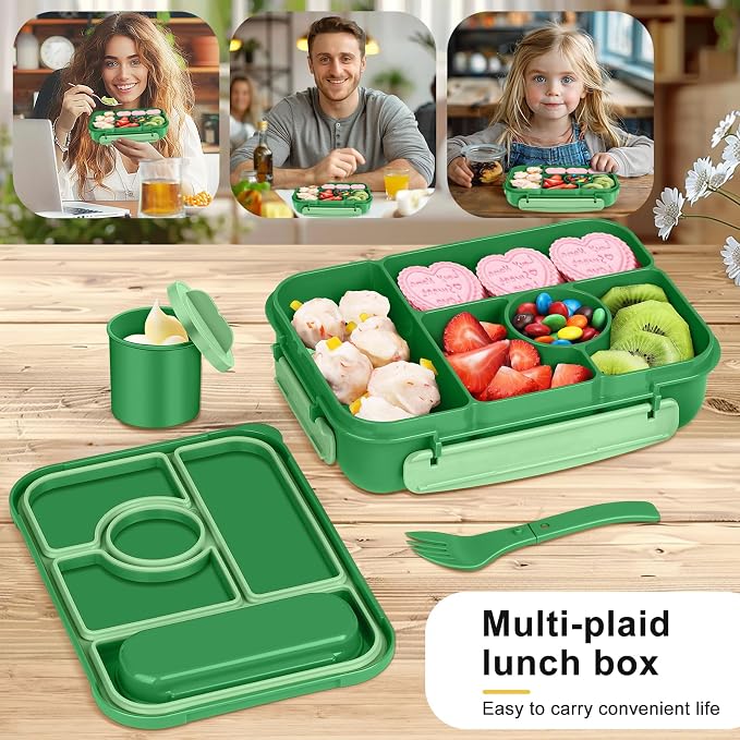Amathley Bento Box Adult Lunch Box Kids,Lunch Containers for Adults/Kids/Toddler,5 Compartments Bento Lunch Box with Sauce Vontainers,Microwave & Dishwasher & Freezer Safe,BPA-Free (Emerald green)