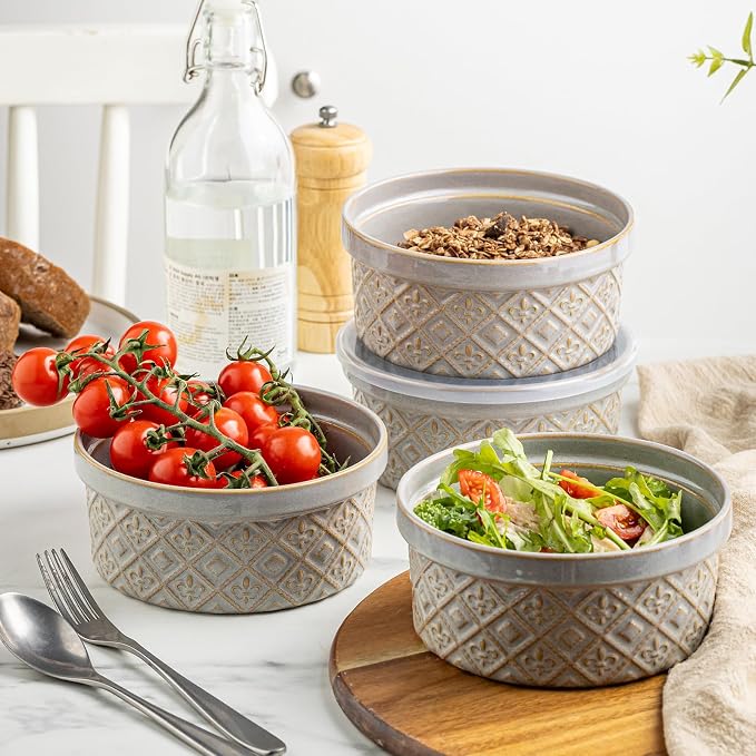 Large Ceramic Mixing Bowls with Lids Set of 4, 40 oz Salad Bowls for Kitchen Food Storage, Airtight Serving Bowls for Meal Prep, Cereal, Leftovers, Office Lunch, and Camping, Grey