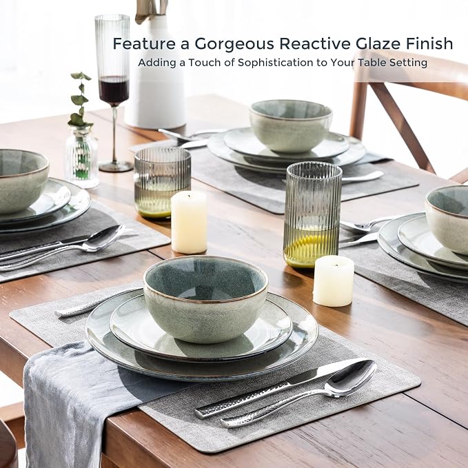 GBHOME Dinnerware Sets for 6, 24 Pieces Ceramic Plates and Bowls Set | Scratch Resistant Stoneware Dishes Set, Dishwasher & Microwave Safe, Reactive Glaze-Green Wheat