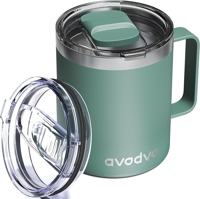 12oz Insulated Coffee Mug with Lid – Includes Two Lids, Stainless Steel Coffee Travel Mug with Handle, Double Wall Vacuum Insulated Camping Mug for Home, Office & Outdoor, Sage Green
