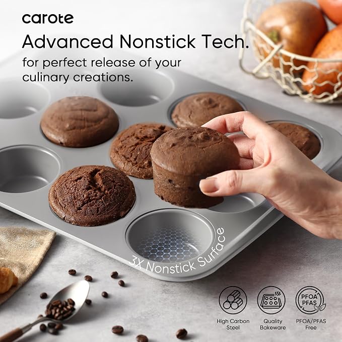 CAROTE 7-Piece Baking Pans Set, Nonstick Bakeware Sets, Gray & Blue | Cookie Sheets, Muffin, Bread, Cake, Loaf, Roasting Pan, Easy-Release, Oven Safe Up to 446°F, PFAS-Free, Stackable, Home, Gift