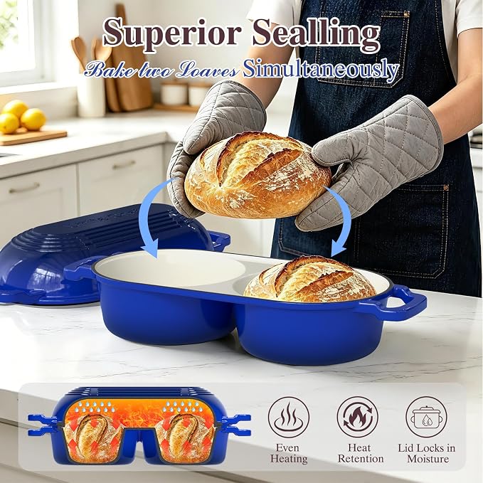 Umite Chef Mini Double Dutch Oven for Sourdough Bread Baking - Enameled Cast Iron Dutch Oven Pot with Lid and 5" Banneton Bread Proofing Basket Kit, Dual Round Bread Loaf Pan for Bread Baking (Blue)