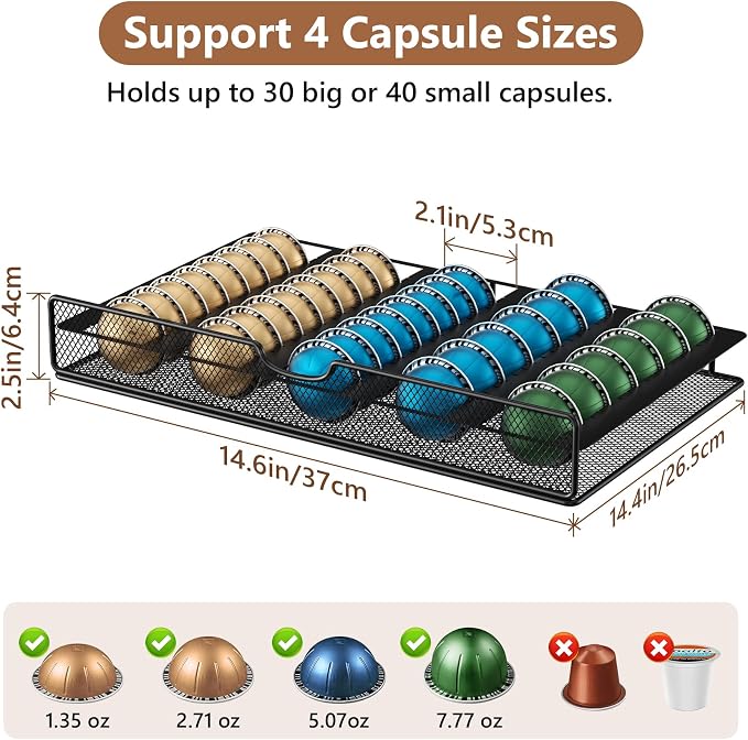 Coffee Syrup Rack Organizer, 3-Tier Pod Holder Drawer for Nespresso | Black Metal Rack for Syrup Bottles and Coffee Bar Storage, Holds 30 Big or 40 Small Capsules, Space-Saving Countertop Design