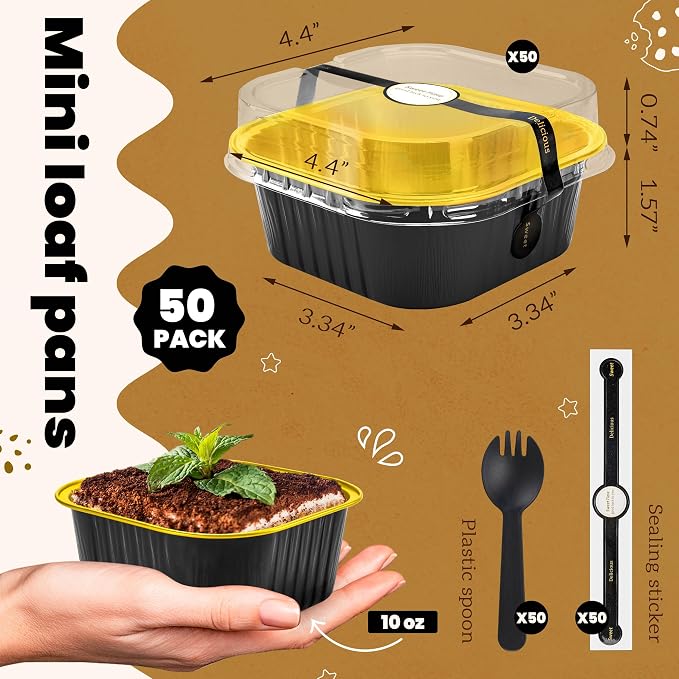 NPLUX Square Pans with Lids, 50 Pack Black Gold for Dessert Displays | Works for small savory bites, mini desserts and refrigerated portions; clear cover supports quick portion checks.