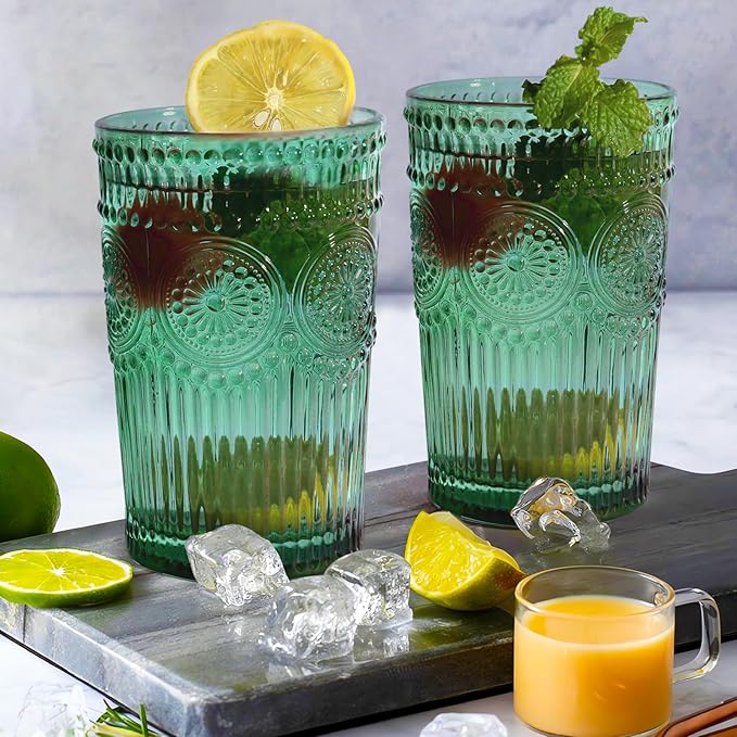 Loivttvv 6pcs Vintage Drinking Glasses Set, 12 oz Dark Green Highball Glasses, Embossed Ribbed Glassware Cups for Cocktail, Water, Juice, Coffee, Whiskey