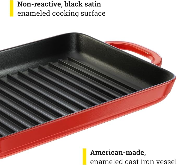 Lodge 12.5 x 8 Inch Enamel Cast Iron Grill Pan - Dual Assist Handles - Use in the Oven, on the Stove, on the Grill, or Over a Campfire - Red
