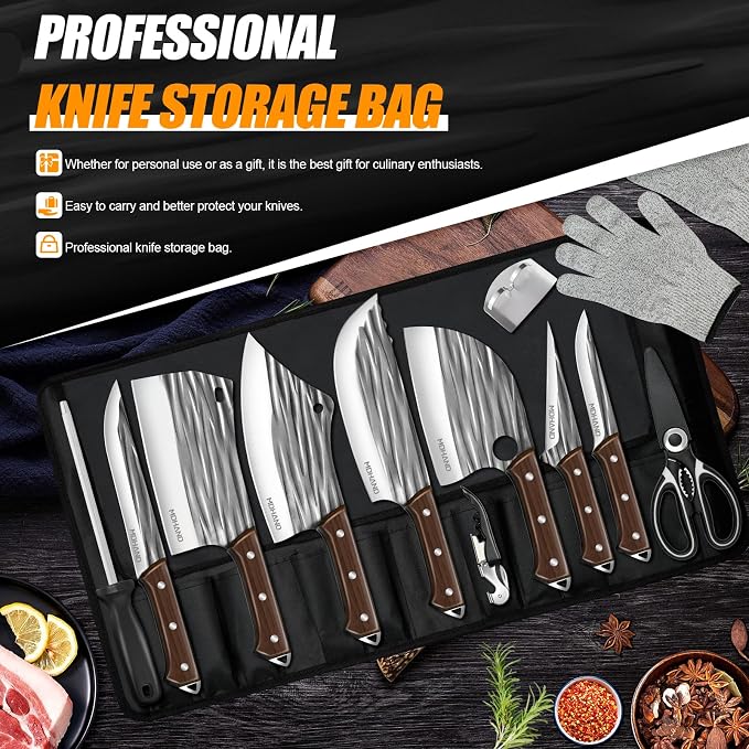Butcher Knife Set, Hand Forged Kitchen Chef Knife Set with Roll Bag | High Carbon Steel 14PCS Meat Cleaver Knife, Bone Chopper Knives, Fillet Knives for Kitchen, Camping Outdoor BBQ, Gift for Men