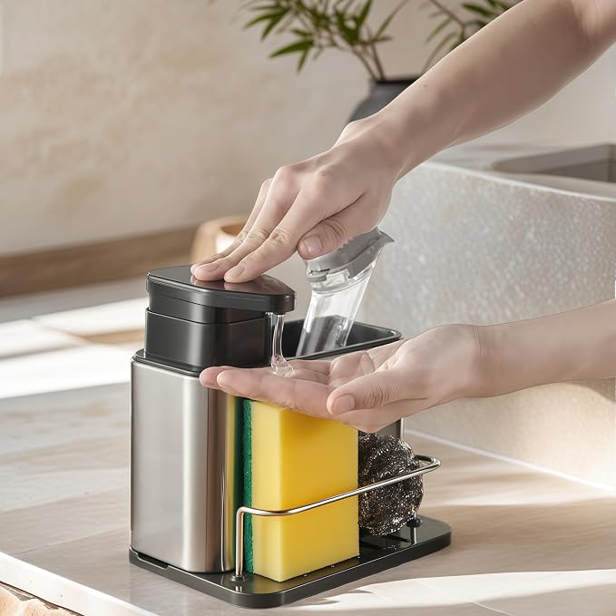 LIBODOUR 3-in-1 Kitchen Sink Caddy,Dish Soap Dispenser with Sponge Holder | Stainless Steel Dish Brush Scrubber with Sponge Holder for Kitchen & Bathroom