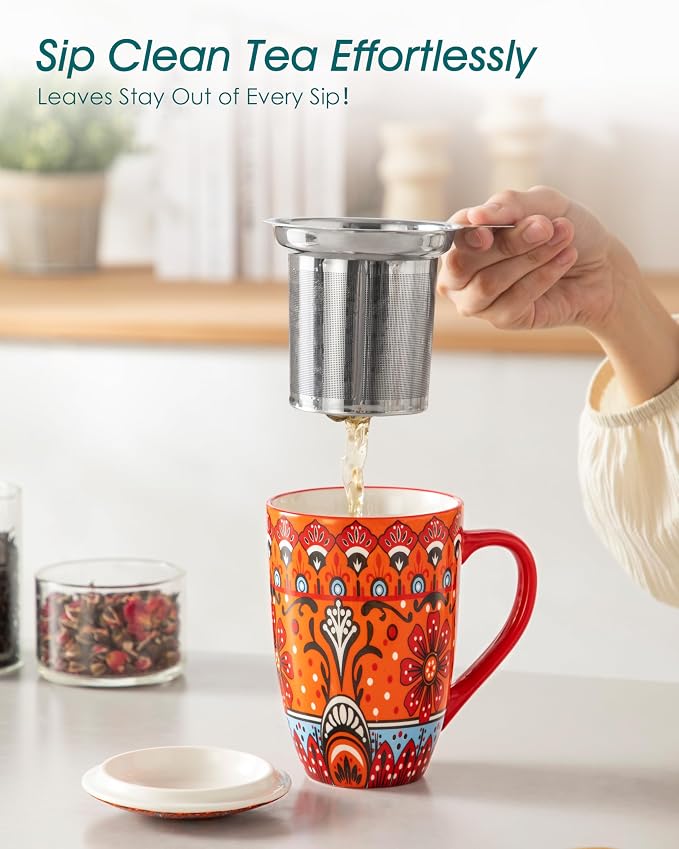 vancasso 18 Oz Tea Infuser Mug with Lid, Crimson Sunburst | Eye-Catching Bohemian Pattern, Adds Charm to Any Tea Corner, Ceramic Mug with Infuser, Microwave and Dishwasher Safe