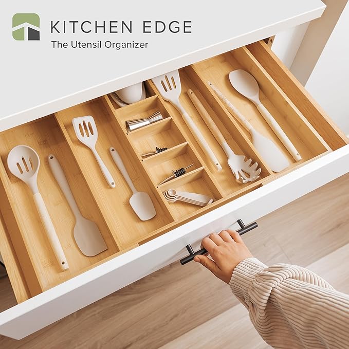Utensil & Junk Drawer Organizer, 16-28 in, Bamboo | Food-safe contract grade, 100% sustainable wood, non-slip, adjustable