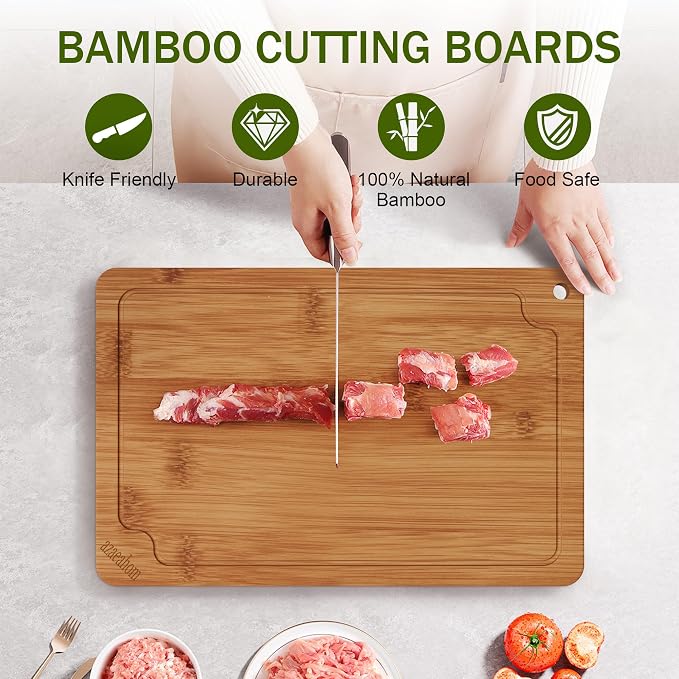 3-Piece Bamboo Cutting Board Set Serving Tray Juice GroovesHandles | Ideal for Meat Vegetables Fruit,Easy Storage & Quick Clean,Natural Wood Construction,Dual-Purpose as Serving Tray