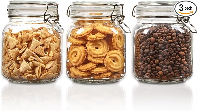 Vtopmart 34oz Glass Food Storage Jars with Airtight Clamp Lids, 3 Pack | Kitchen Canisters for Flour, Cereal, Coffee, Pasta and Canning, Square Mason Jar with 8 Chalkboard Labels