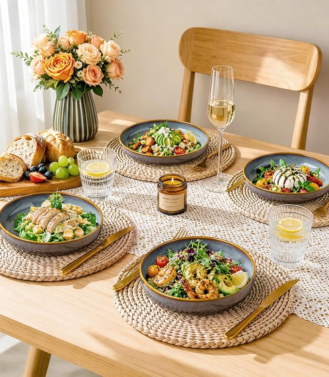 8.5" Ceramic Pasta Bowls Set of 4, Salad Bowls | Versatile Serving Bowls for Pasta, Salad, Fruit & Noodles, Housewarming & Wedding Gift, Dusk Blue