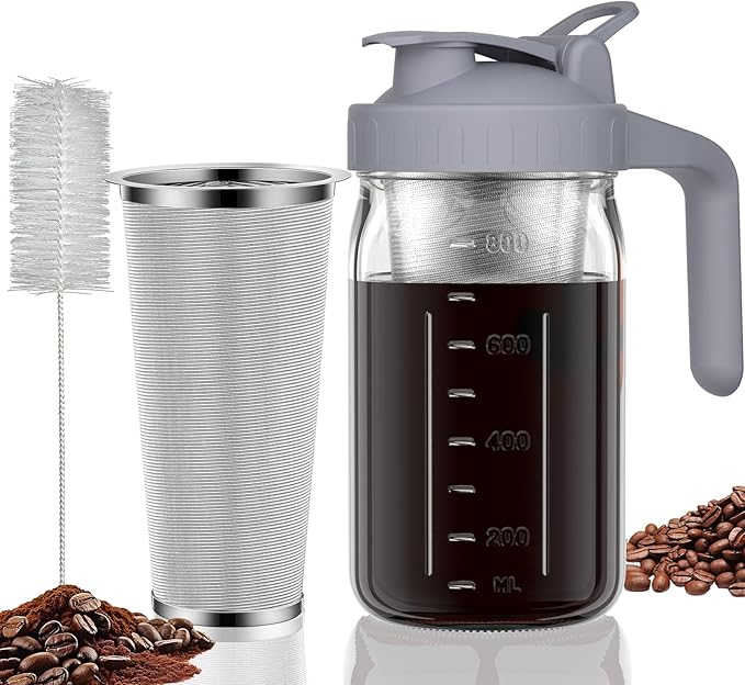 Cold Brew Coffee Maker, 32 oz Glass Mason Jar Pitcher | 100μm stainless steel filter, wide mouth design, leak-proof lid with handle, pour spout for iced coffee, tea and cold drinks