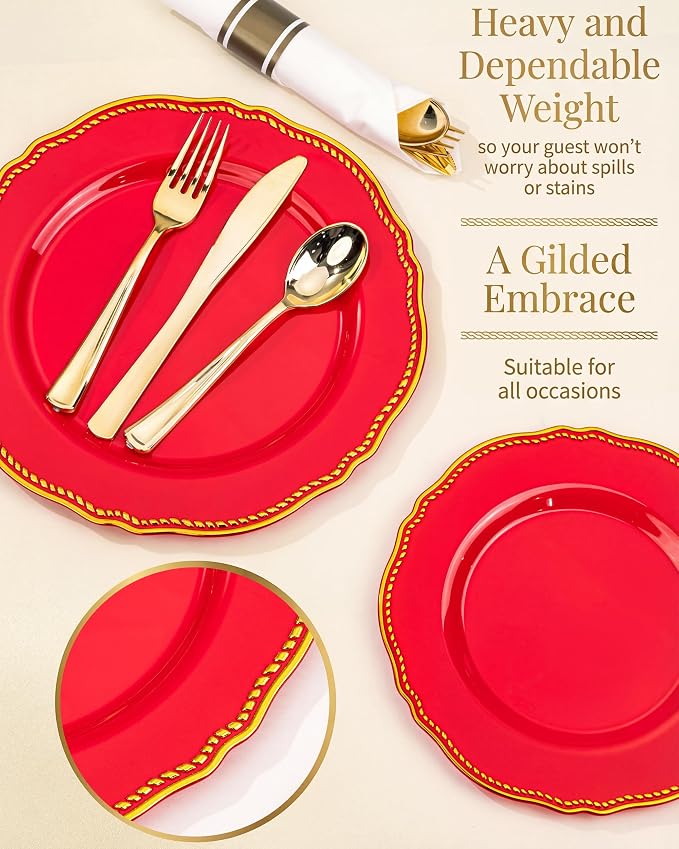 350 Pcs Red Gold Plastic Plates Wedding & Party | Red Plastic Dinnerware Set Includes 50 Dinner Plates, 50 Dessert Dinnerware, 50 Cups, 50 Pre-rolled Napkins
