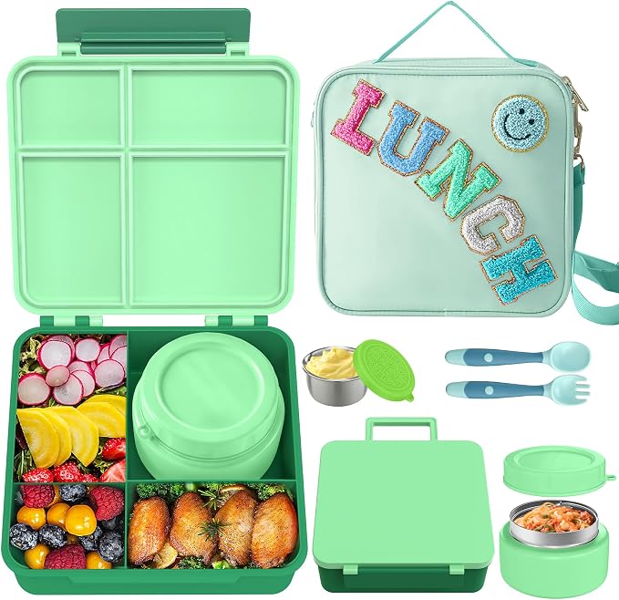 Aimsnk Lunch Box Kids with Thermo Insulated Lunch Bag for School, Green | Bento Lunch Box for Kids with 8oz Food Jar, Leak Proof Hot Lunch Containers with 4 Compartment, Warm Lunchbox for Toddler