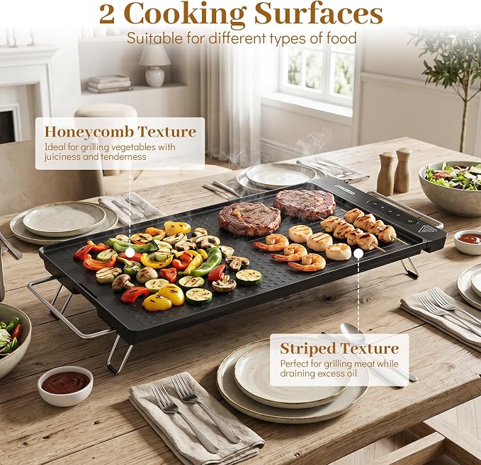 COSTWAY Electric Grill w/Removable Touch Panel, 1300W Indoor Griddle w/Adjustable Temperature, Fast Even Heating, Cool-Touch Handles & Foldable Legs, Dishwasher Safe IPX9 Waterproof Nonstick Plate