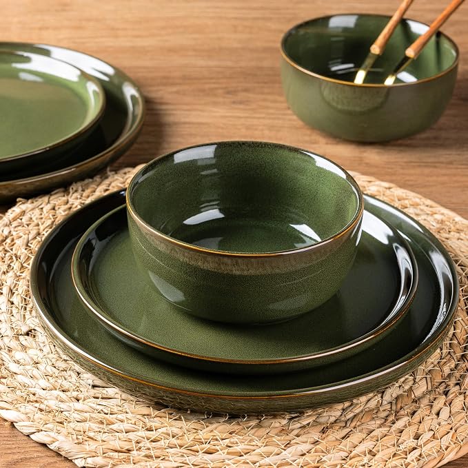 AmorArc Stoneware Dinnerware Sets for 8, 24Pcs Plates and Bowls Sets Dishes | Ceramic Round Reactive Glaze Dishes Set, Highly Scratch Resistant | Dishwasher & Microwave Safe Dishware
