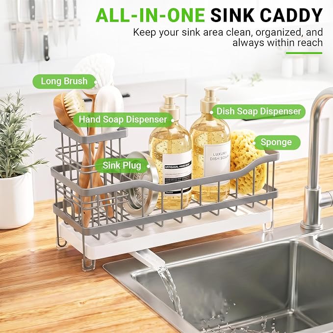 Sink Caddy, Sponge Holder for Kitchen Sink, Gray | Self-draining Sink Organizer with Removable Brush Holder, Metal Sponge Rack for Countertop, Fits Soap Dispenser & Scrubber