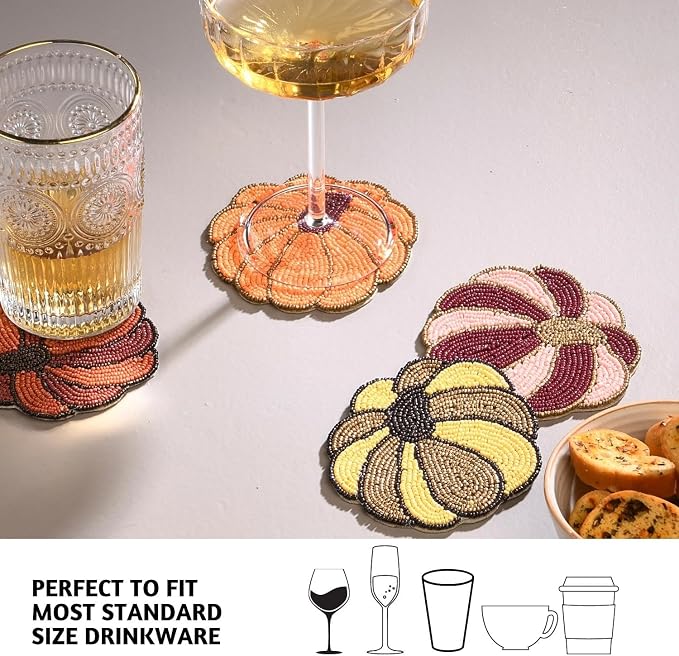 Folkulture Cute Fall Coasters Set of 4 for Drink, Non Slip,Easy to Clean | Boho, Coaster for Farmhouse, Coffee Table, Beaded Coasters for Fall Decorations, Outdoor Pumpkin Decor, Modern Home Decor