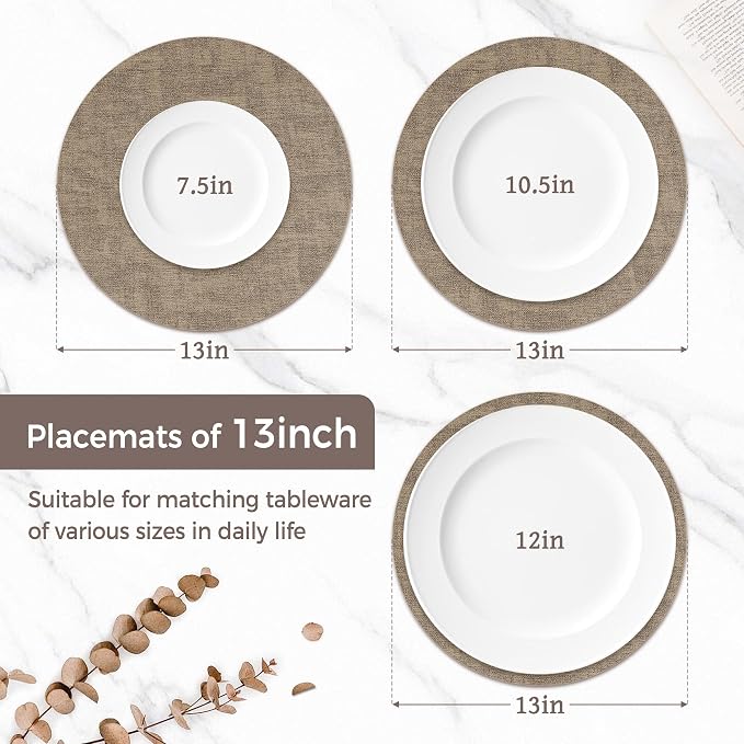 13" Round Placemats Set of 6, Reversible Faux Leather Wipeable Table Mats | 2mm Vinyl Heat Resistant Waterproof Oilproof Scratch Proof Non-Slip Washable for Kitchen Dining Indoor Outdoor (Light Coffee)