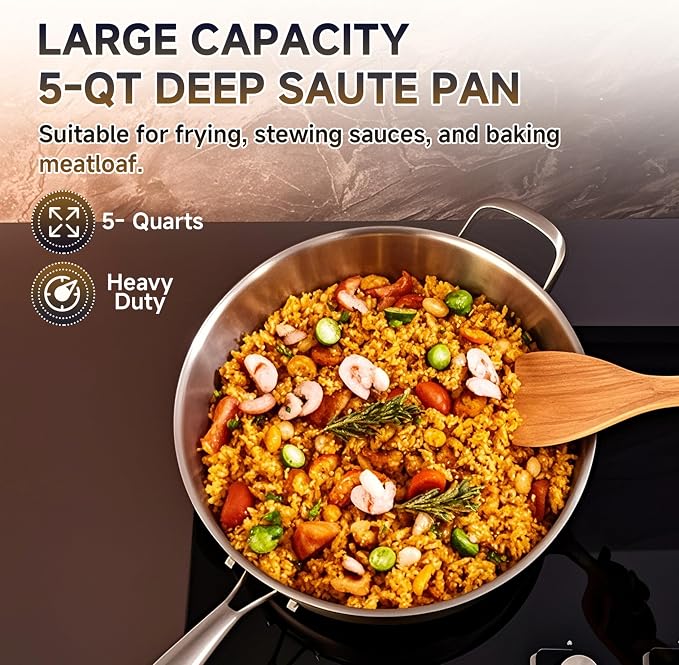 5-Quart Tri-Ply Stainless Steel Saute Pan wih Lid | 12 Inch Deep Frying Pan | Induction Cooking Skillet | Jumbo Cooker | Dishwasher and Oven Safe | Detachable Handle | Compatible with All Cooktops