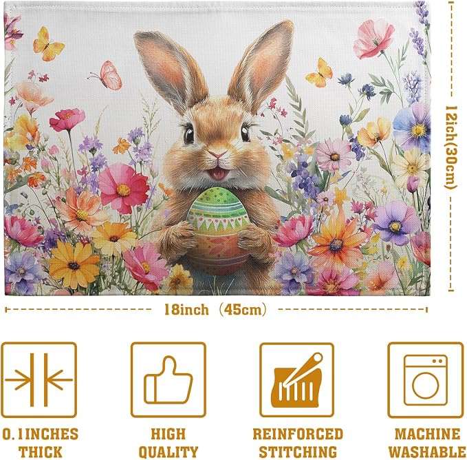 Easter Rabbit Placemats Set of 4 Spring Bunny Colorful Egg Wildflower Place Mat 12x18 Inch Seasonal Farmhouse Linen Fabric Table Mats for Kitchen Dining Outdoor Indoor Easter Party