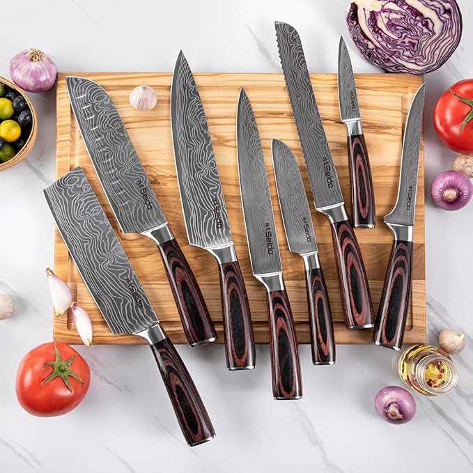 Seido Master 17-Piece Damascus Knife Block Set, Acacia Wood Block | Damascus steel kitchen knives with matching storage block for complete home chef prep