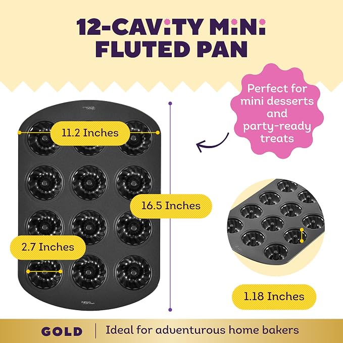Wilton Gold Non-Stick Mini Fluted Tube Pan, Stainless Steel, 12-Cavity | Non-Stick Steel with Scratch-Resistant Coating, Resists Warping, Dishwasher Safe, Perfect for Mini Bundts & Fluted Cakes