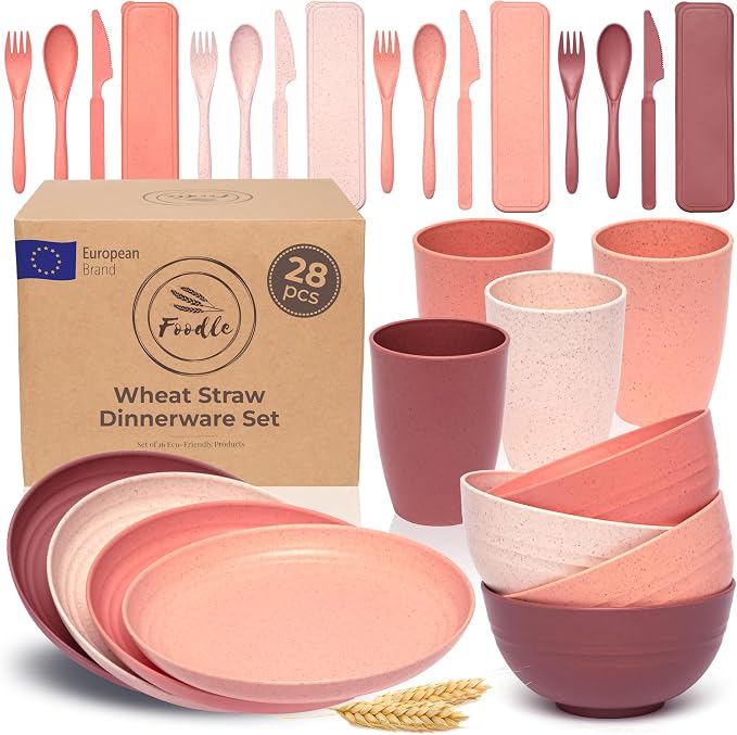 FOODLE Wheat Straw Dinnerware Set - Non-Toxic Kids Plates and Bowls Sets | BPA-Free & Safety Tested - Dishwasher, Microwave Safe Dishes - Easy to Clean - College Dorm Room Essentials for Girls - For 4