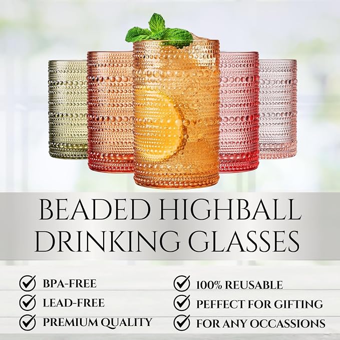 Khen Hobnail Beaded Highball Drinking Tumbler Glasses | Set of 5 | Color Vintage Bubble Design Whiskey Glassware, Old-Fashioned Embossed Design, Water, Wine, Cocktail, Heavy Glass Rocks Glass
