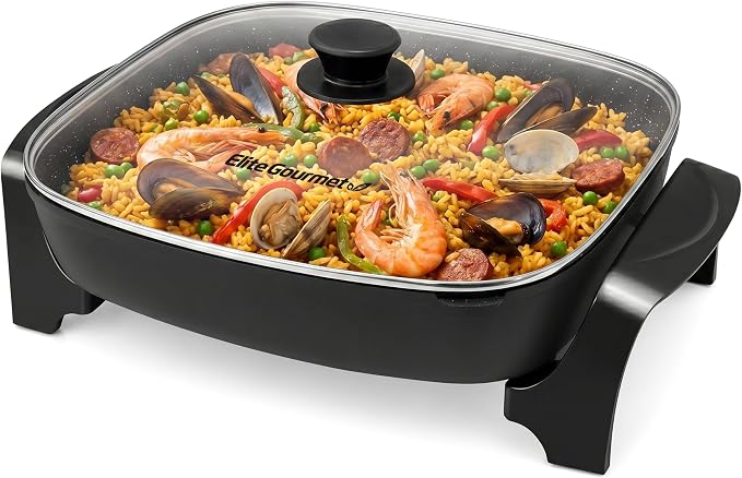 Elite Gourmet EG-6203# Non-Stick Electric Skillet, 10.5Qt, Black | Pour Spout, Glass Vented Lid, Long-Lasting, 200-400°F Adjustable Temp, Dishwasher Safe, Serves 6-8 - Extra-Deep 16"x13"