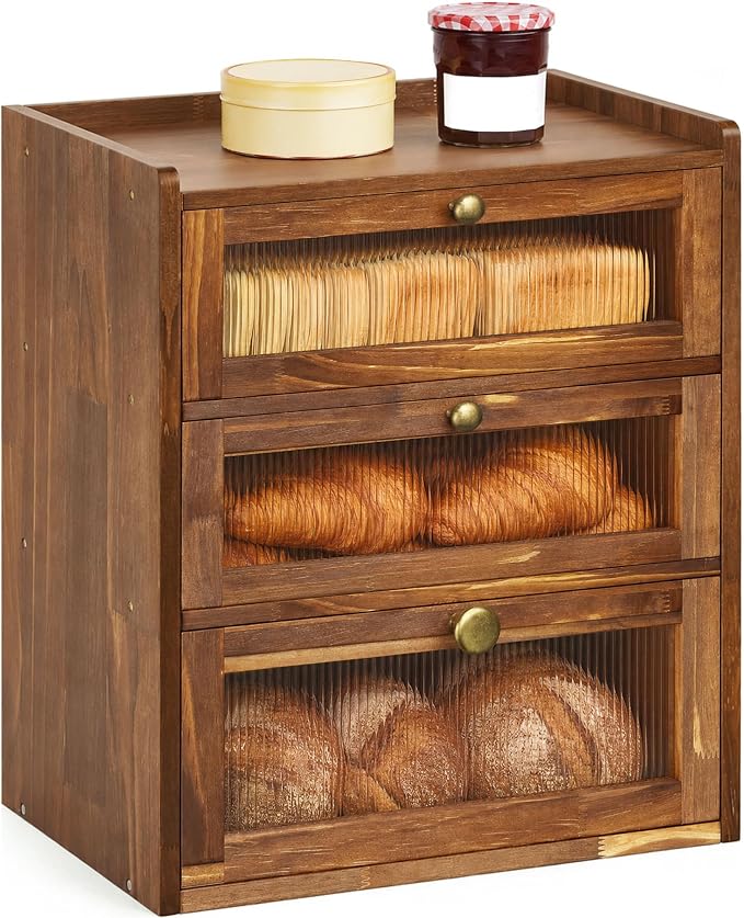 3 Layer Wooden Bread Box with Acrylic Window, Large Capacity | Vintage Kitchen Countertop Food Organizer; Pantry Shelf with Magnetic Door and Rear Ventilation; Housewarming Gift