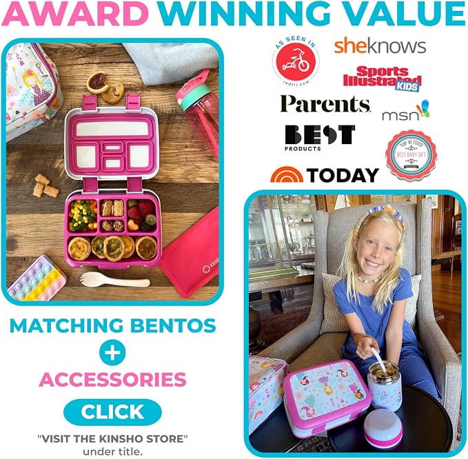 kinsho Bento Lunch Box Set with Thermo, Bag & Ice Pack, Pink Fairy Princess | 5 Compartments, Removable Tray, Small Meal Snack Container Girls Toddlers, Daycare Pre-School Kindergarten, Steel Food Jar
