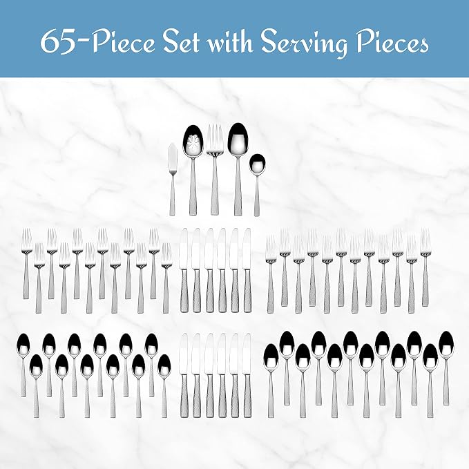 Mikasa Oliver Flatware Set, 65-Piece Service for 12, 18/10 Stainless Steel Silverware with Hammered Design and Satin Finish, Dishwasher Safe Cutlery Set